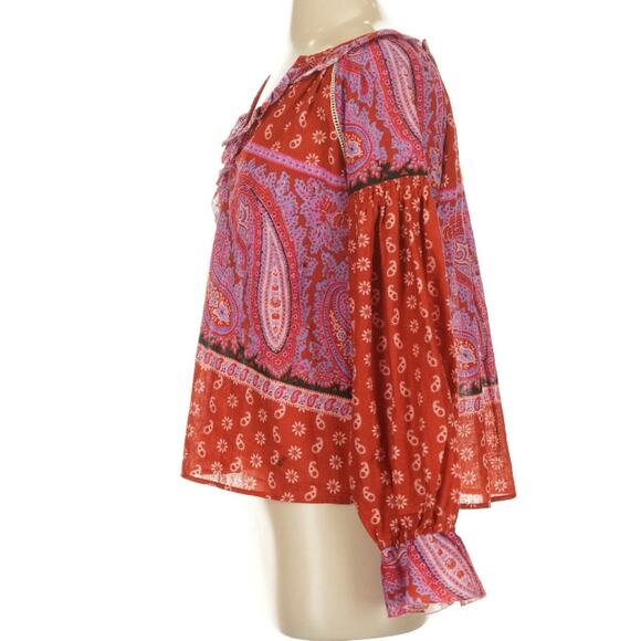 Boteh Kaleido Ruby Red Ruffle Smock Linen Cotton Peasant Blouse 1 S $235 - Picture 7 of 11